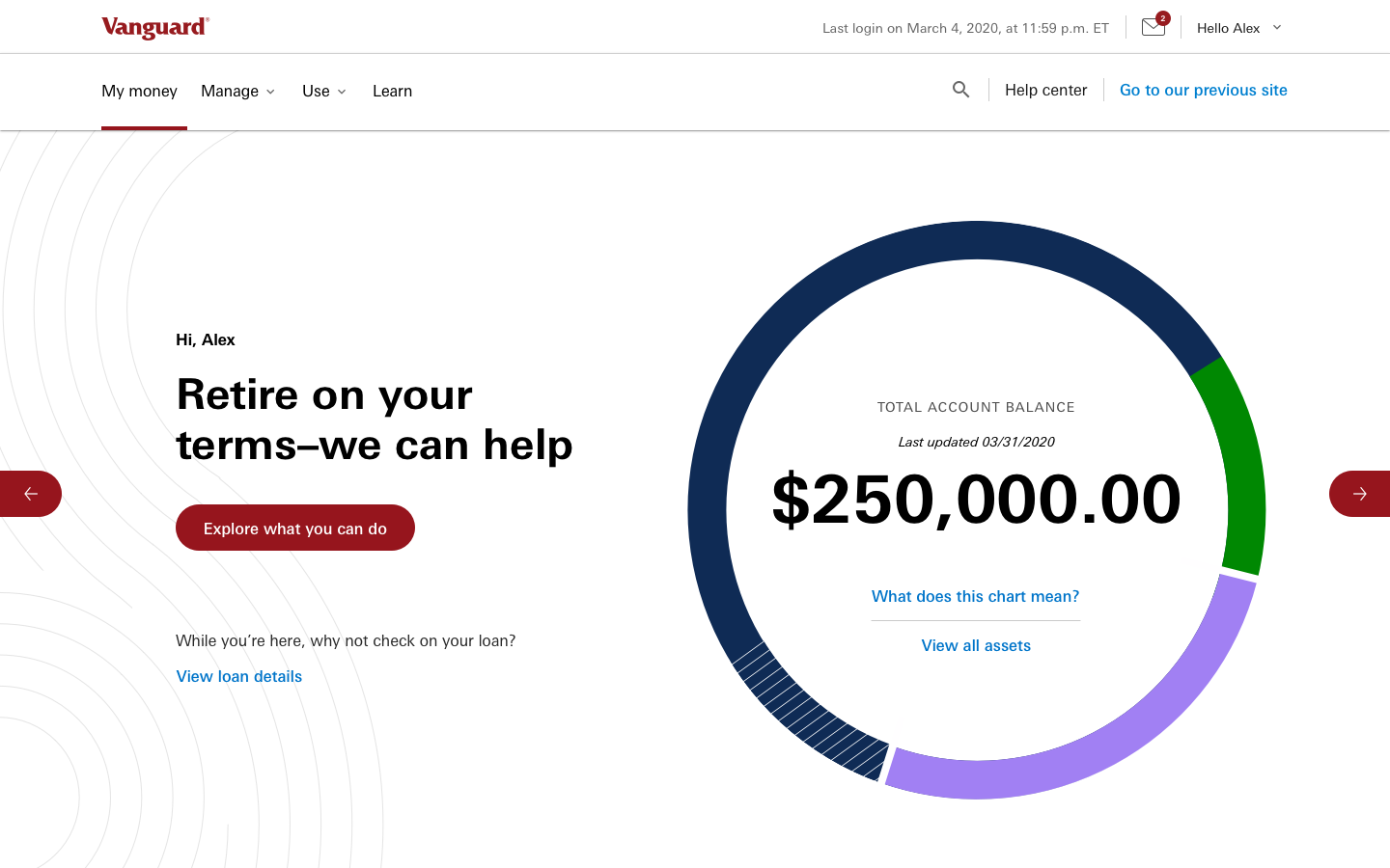 The redesigned Vanguard participant dashboard, showing a total account balance and an allocation chart