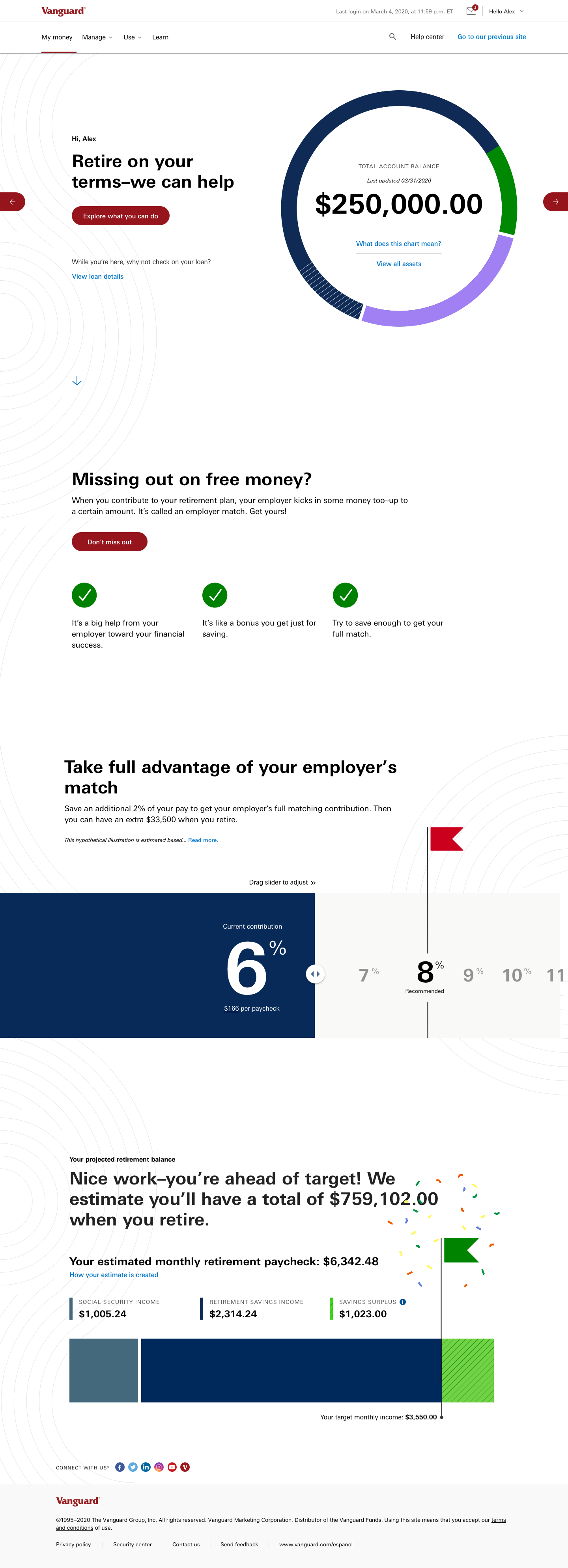 The redesigned Vanguard participant dashboard, showing account balance, contribution rate, and a clear next step