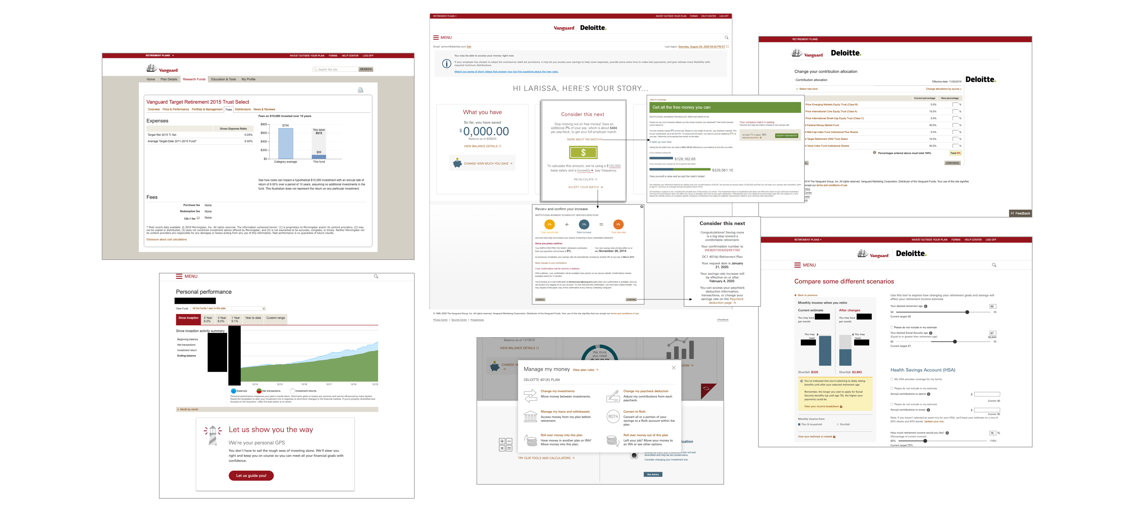 Screenshot of Vanguard's original participant experience, dense with navigation tabs and content organized around product lines