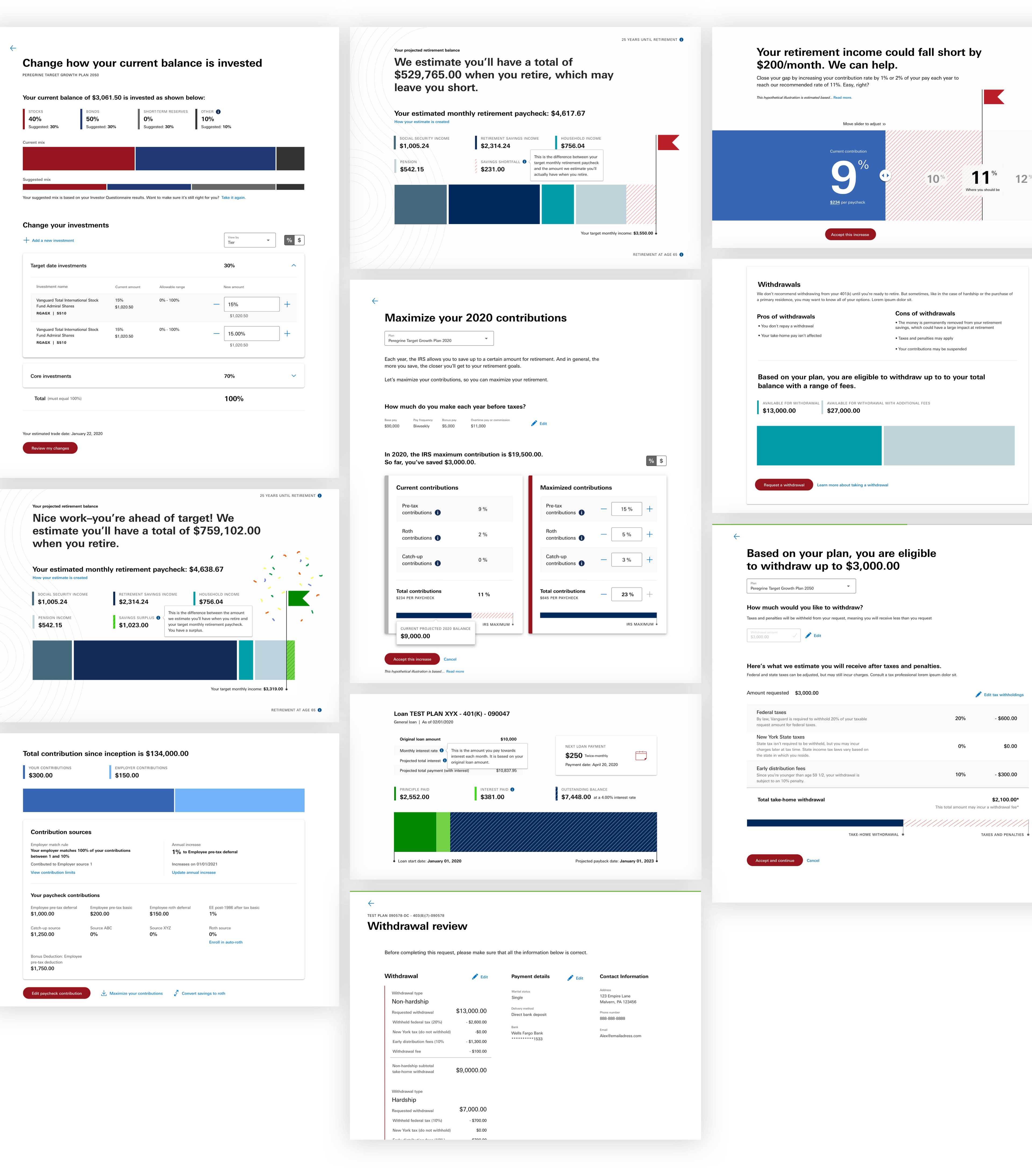 A rolled-up view of the redesigned Vanguard participant experience across the dashboard and key flows